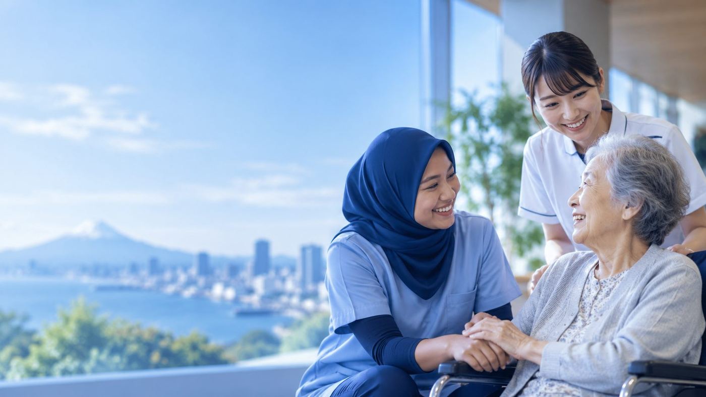 インドネシア人と日本人のスタッフが高齢の女性に付き添う様子