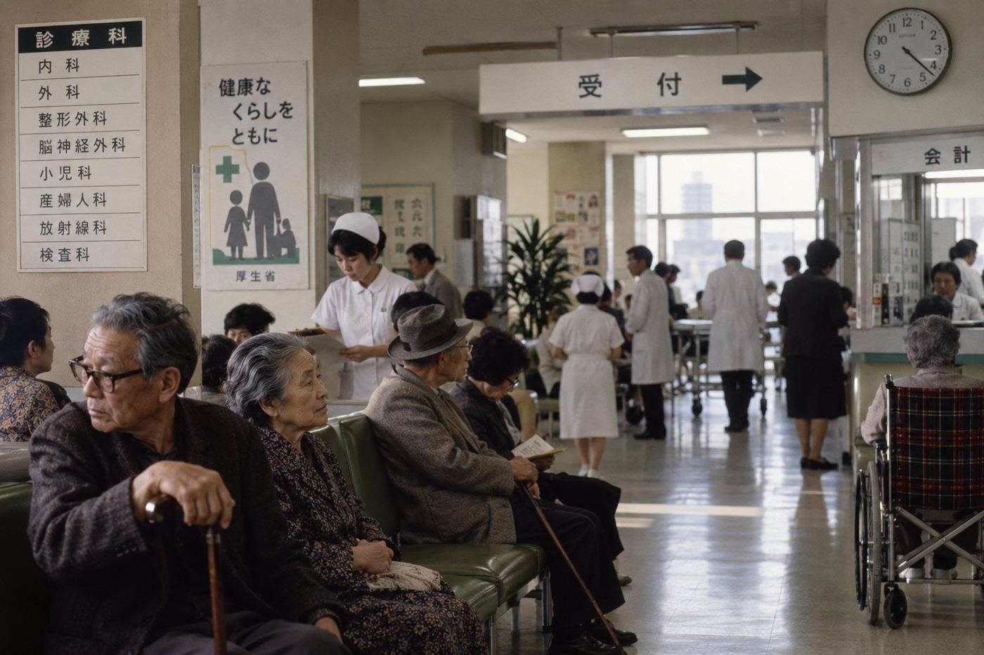 1970年代の日本の病院の待合。杖を持つ高齢の患者と、白衣の看護師