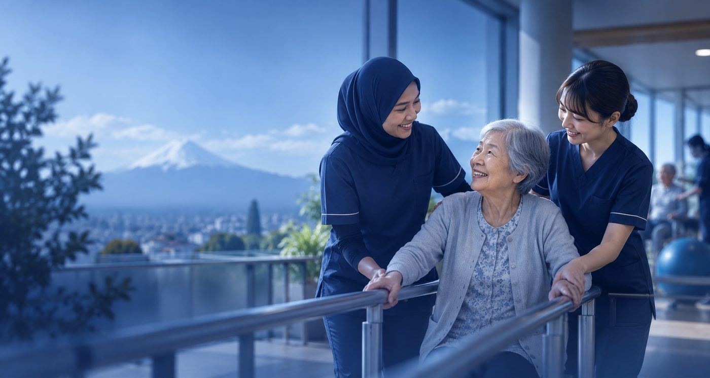 インドネシア人と日本人のスタッフが高齢の女性の歩行練習に付き添う様子